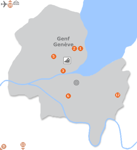 Karte mit Pensionen und anderen Unterkünften in Genf
