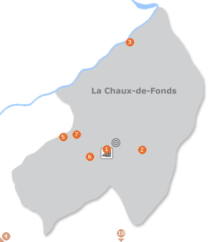 Karte mit Pensionen und anderen Unterkünften in La Chaux-de-Fonds