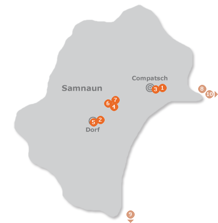 Karte mit Pensionen und anderen Unterkünften in Samnaun