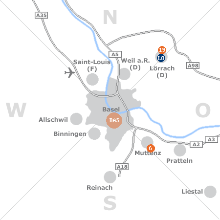 Karte mit Pensionen und anderen Unterkünften rund um Basel