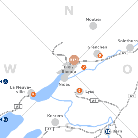 Karte mit Pensionen und anderen Unterkünften rund um Biel / Bienne