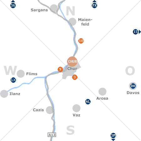 Karte mit Pensionen und anderen Unterkünften rund um Chur