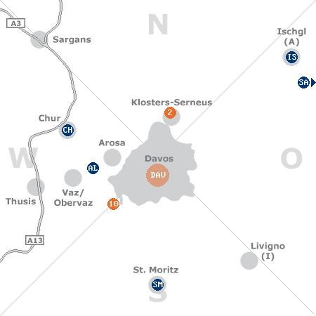 Karte mit Pensionen und anderen Unterkünften rund um Davos