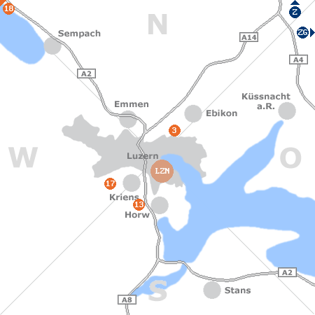 Karte mit Pensionen und anderen Unterkünften rund um Luzern