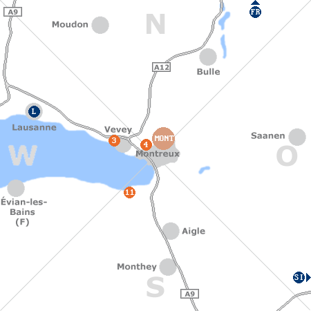 Karte mit Pensionen und anderen Unterkünften rund um Montreux