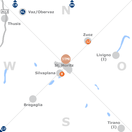 Karte mit Pensionen und anderen Unterkünften rund um St. Moritz
