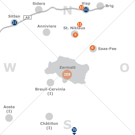 Karte mit Pensionen und anderen Unterkünften rund um Zermatt